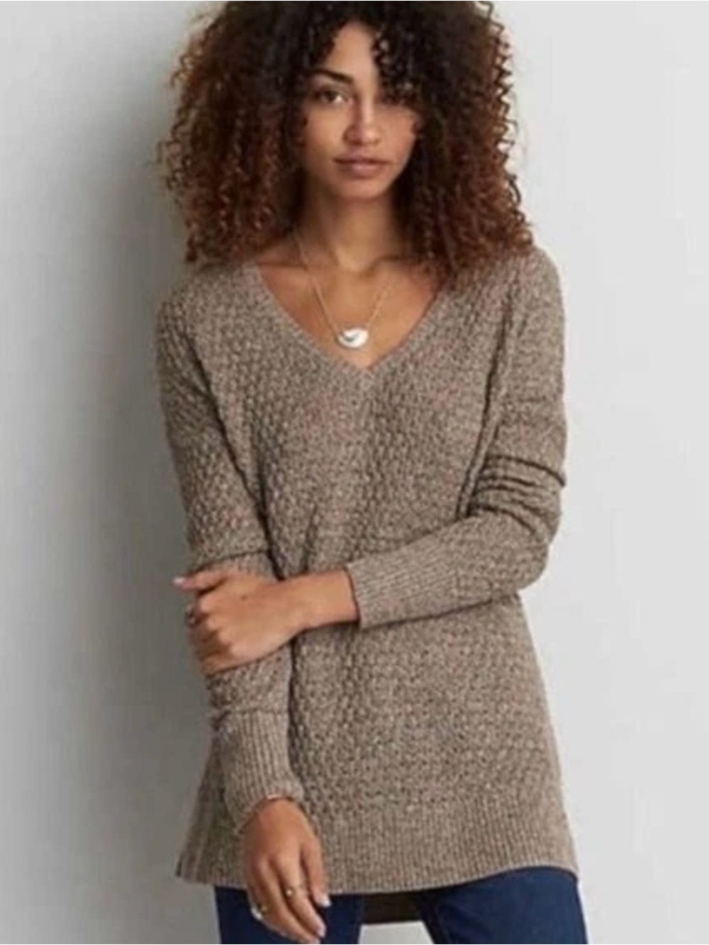 American Eagle Relaxed Fit Wool Blend Textured V-Neck Taupe Sweater Womens M